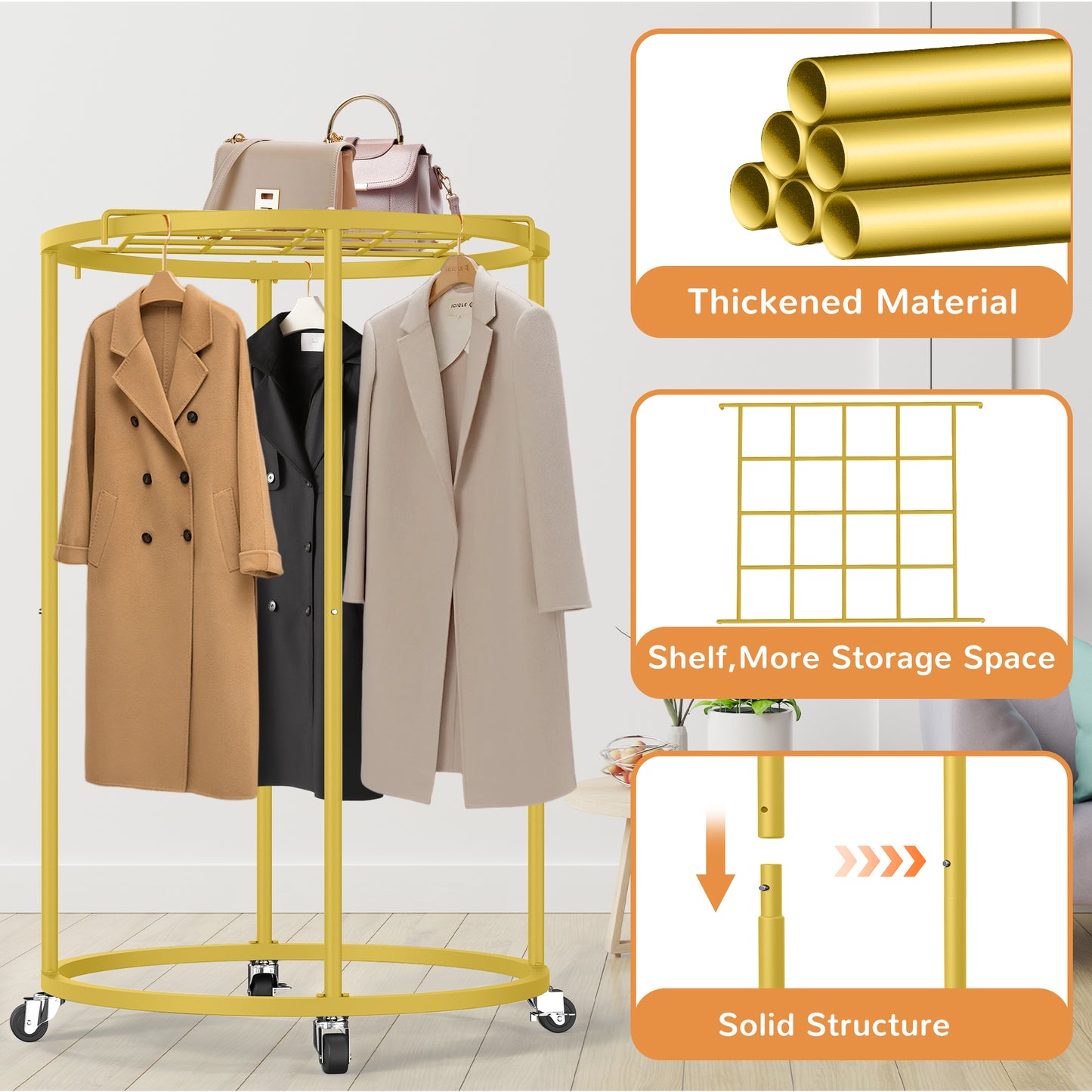 Nefoso Clothing Garment Rack,Round Clothes Rack with 4 Universal Wheels and Shelf Standard Rolling Clothes Organizer