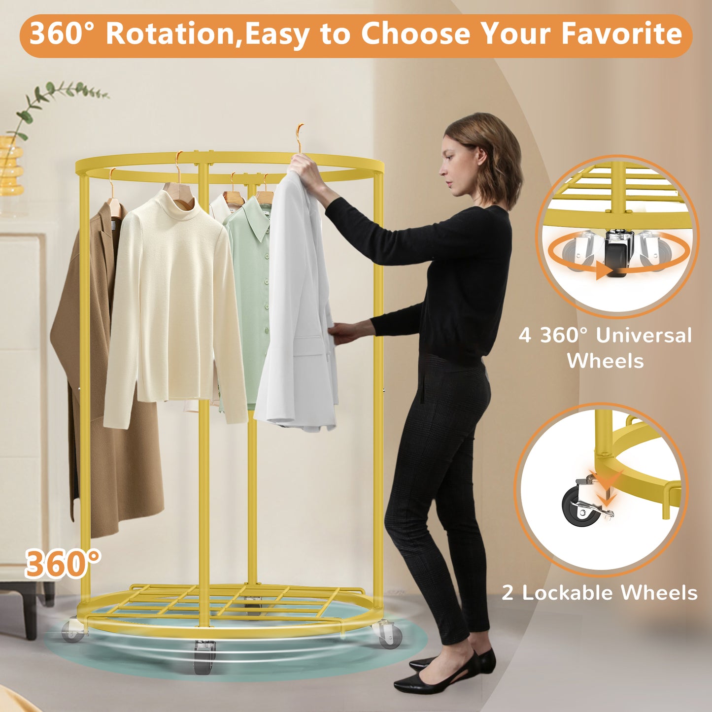 Nefoso Clothing Garment Rack,Round Clothes Rack with 4 Universal Wheels and Shelf Standard Rolling Clothes Organizer