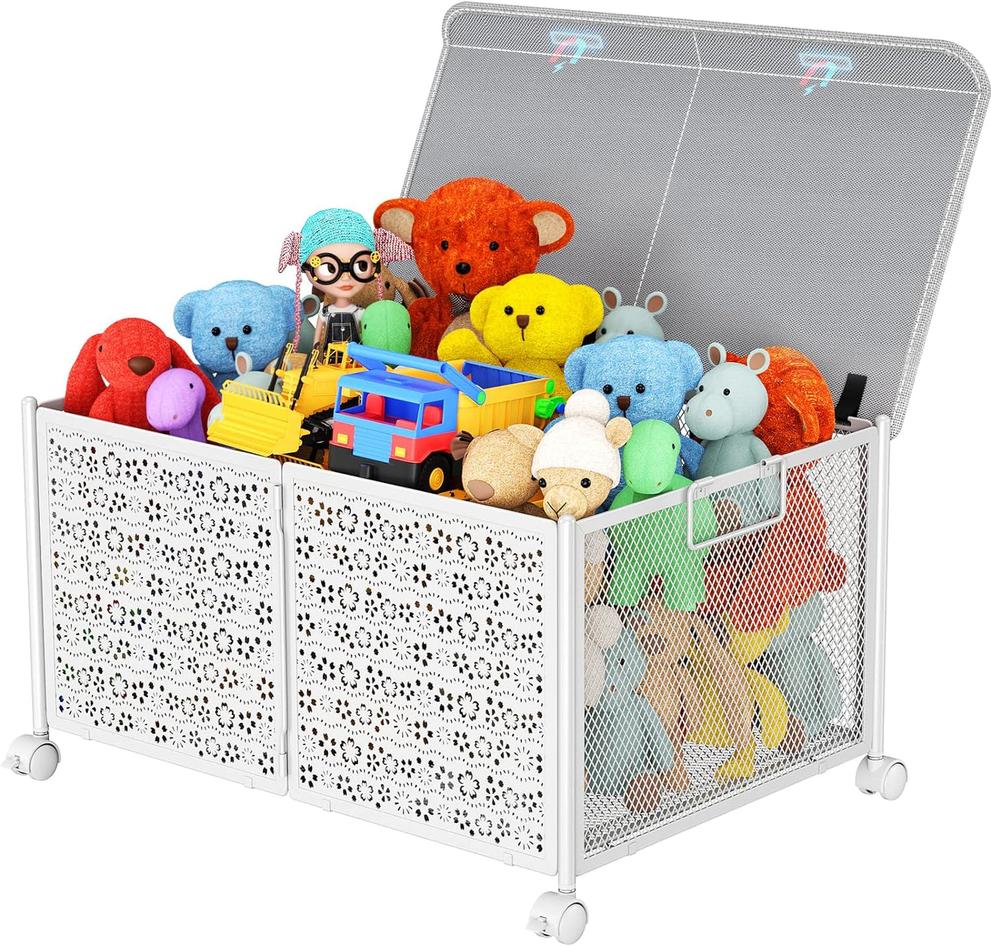 Nefoso Toy Box Storage, Foldable Metal Kids Toy Chest with Wheels for Bedroom Nursery Playroom