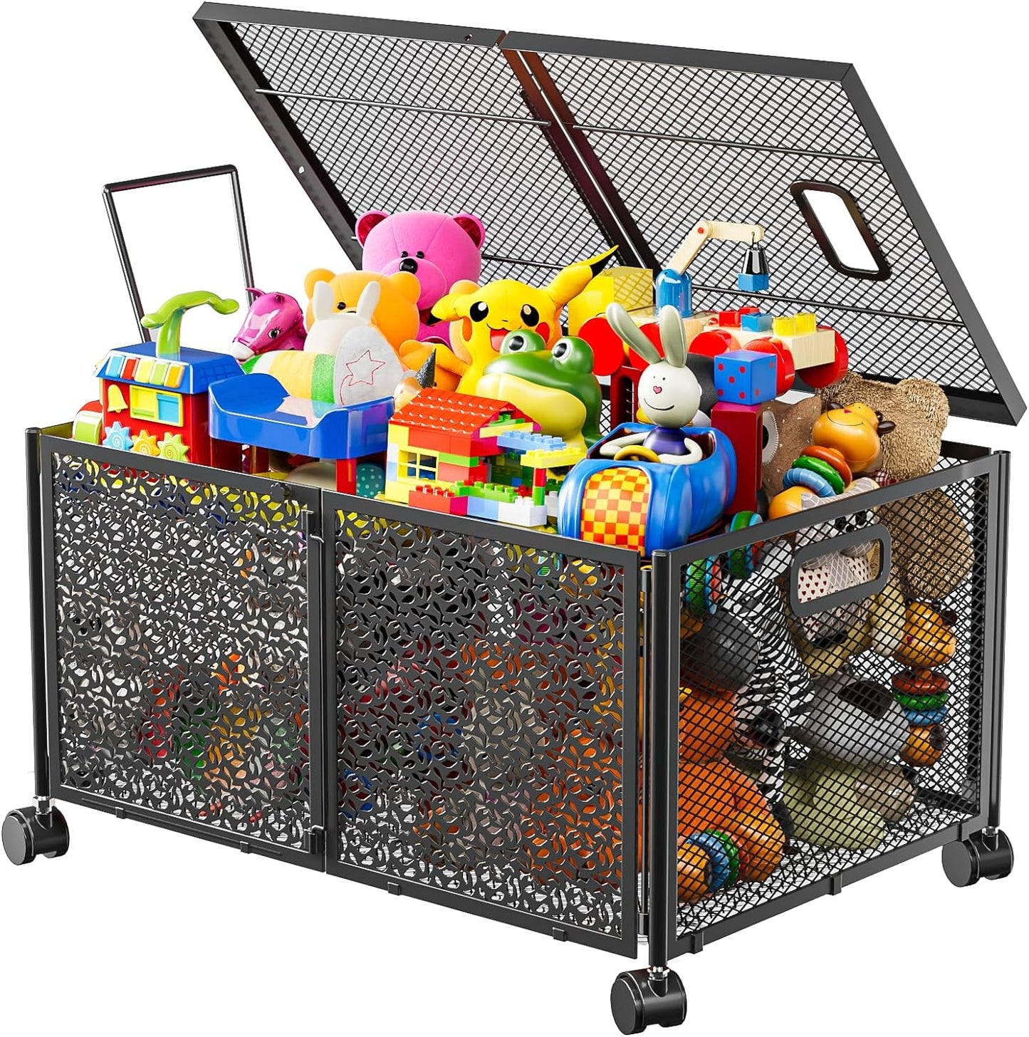 Nefoso Toy Box Storage, Foldable Metal Kids Toy Chest with Wheels for Bedroom Nursery Playroom