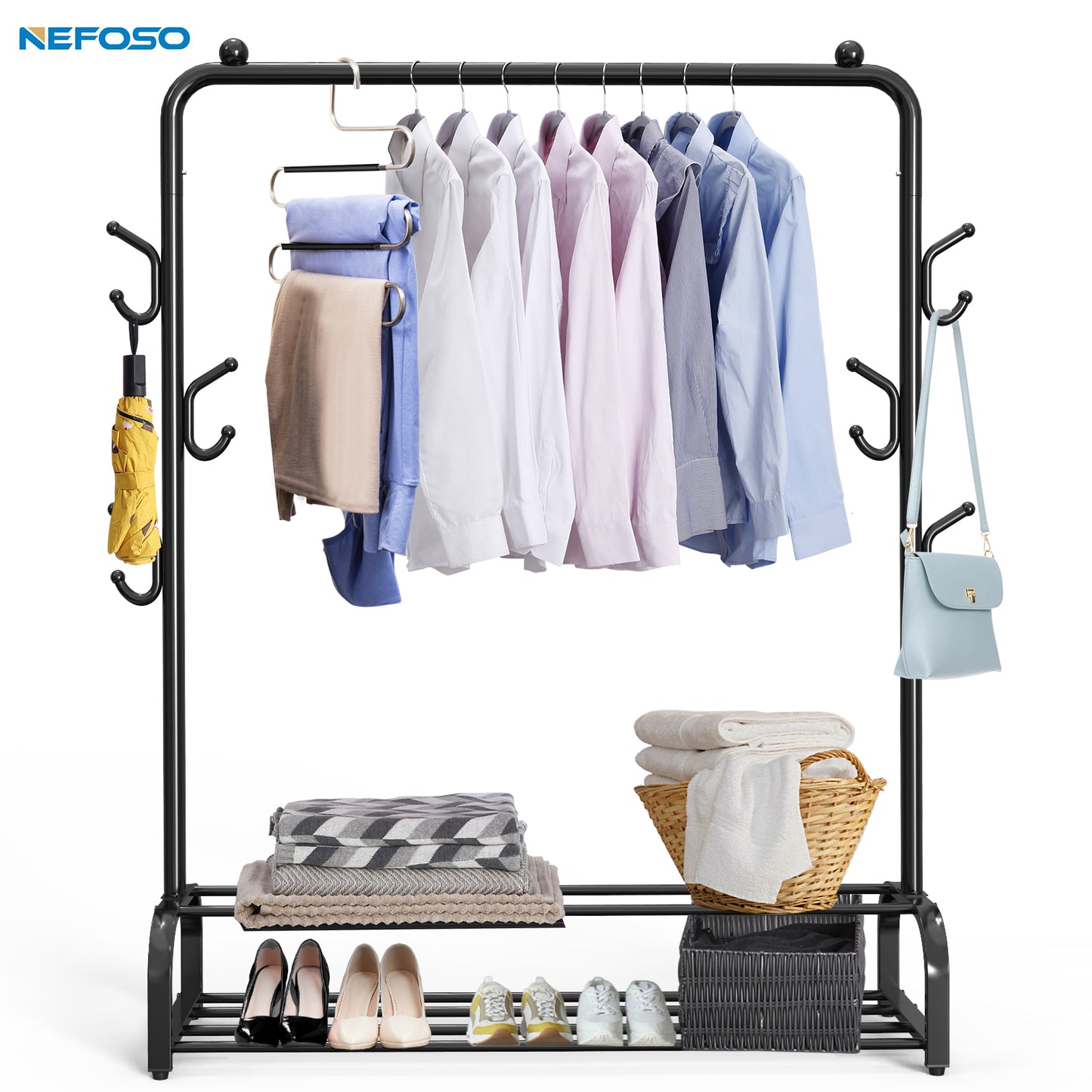 NEFOSO Clothing Garment Rack with 6 Hooks and Double Bottom Shelf Standard Clothes Organizer for Hanging Clothes, Chrome（Black)