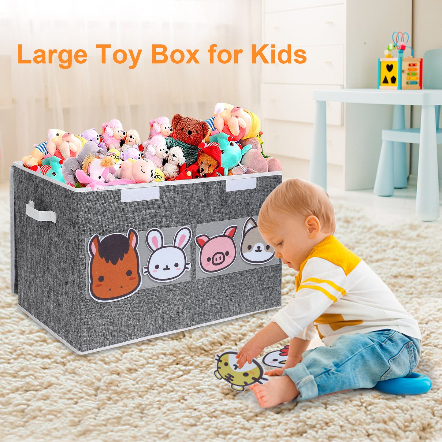 Toy Box for Kids, Toy Chests Organizers Storage for Boys and Girls with Flip-Top Lid, Large Fabric Toy Storage Box with Clear Window, Kids Toy Boxes Bins, Gray(24x13x14 in)