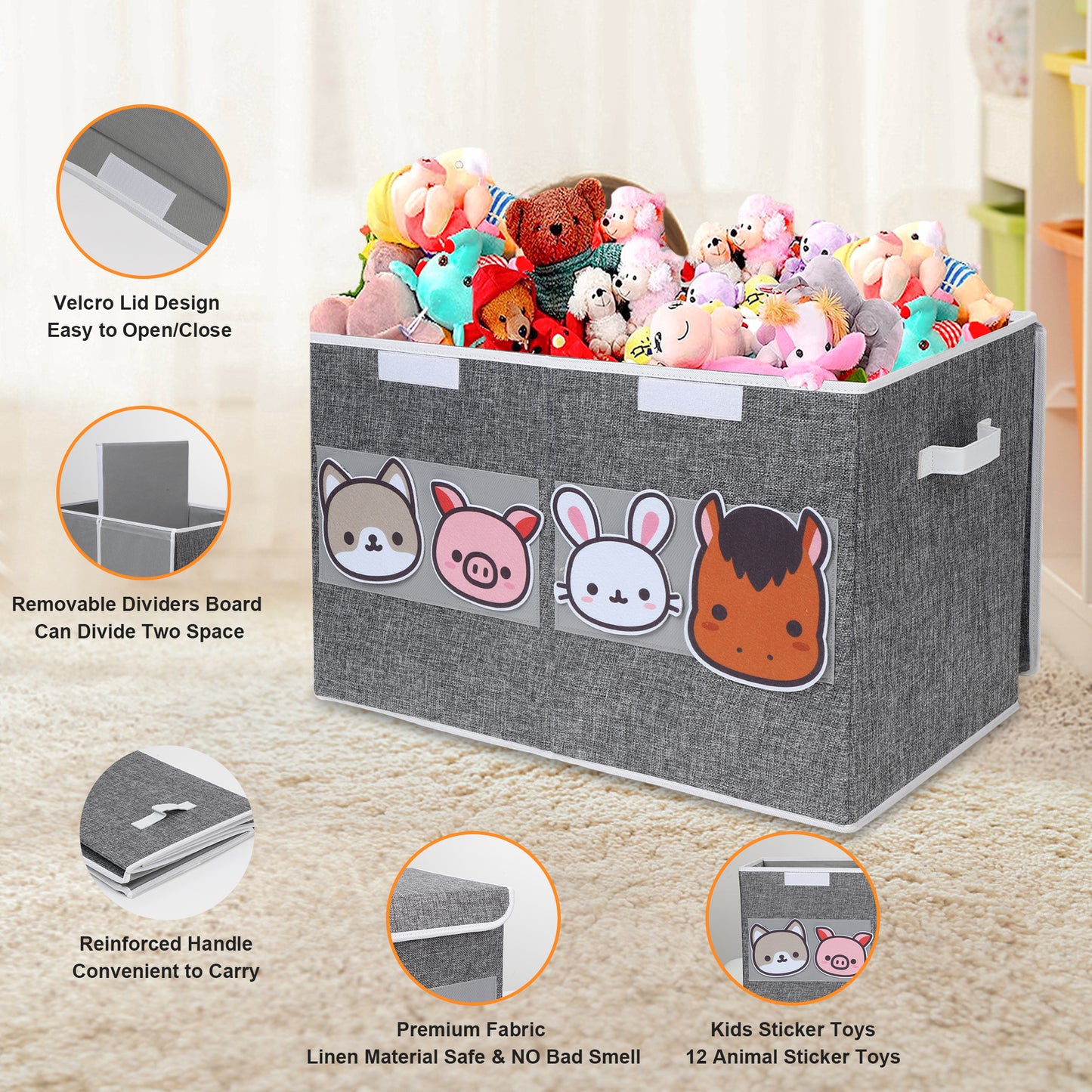 Toy Box for Kids, Toy Chests Organizers Storage for Boys and Girls with Flip-Top Lid, Large Fabric Toy Storage Box with Clear Window, Kids Toy Boxes Bins, Gray(24x13x14 in)