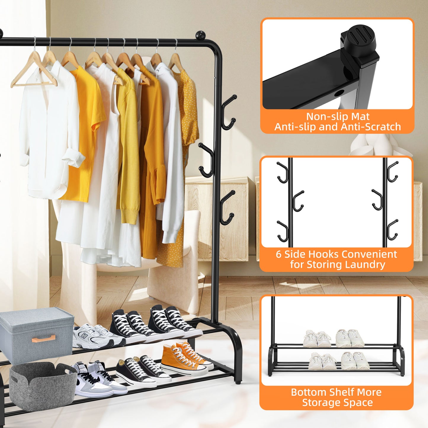 NEFOSO Clothing Garment Rack with 6 Hooks and Double Bottom Shelf Standard Clothes Organizer for Hanging Clothes, Chrome（Black)