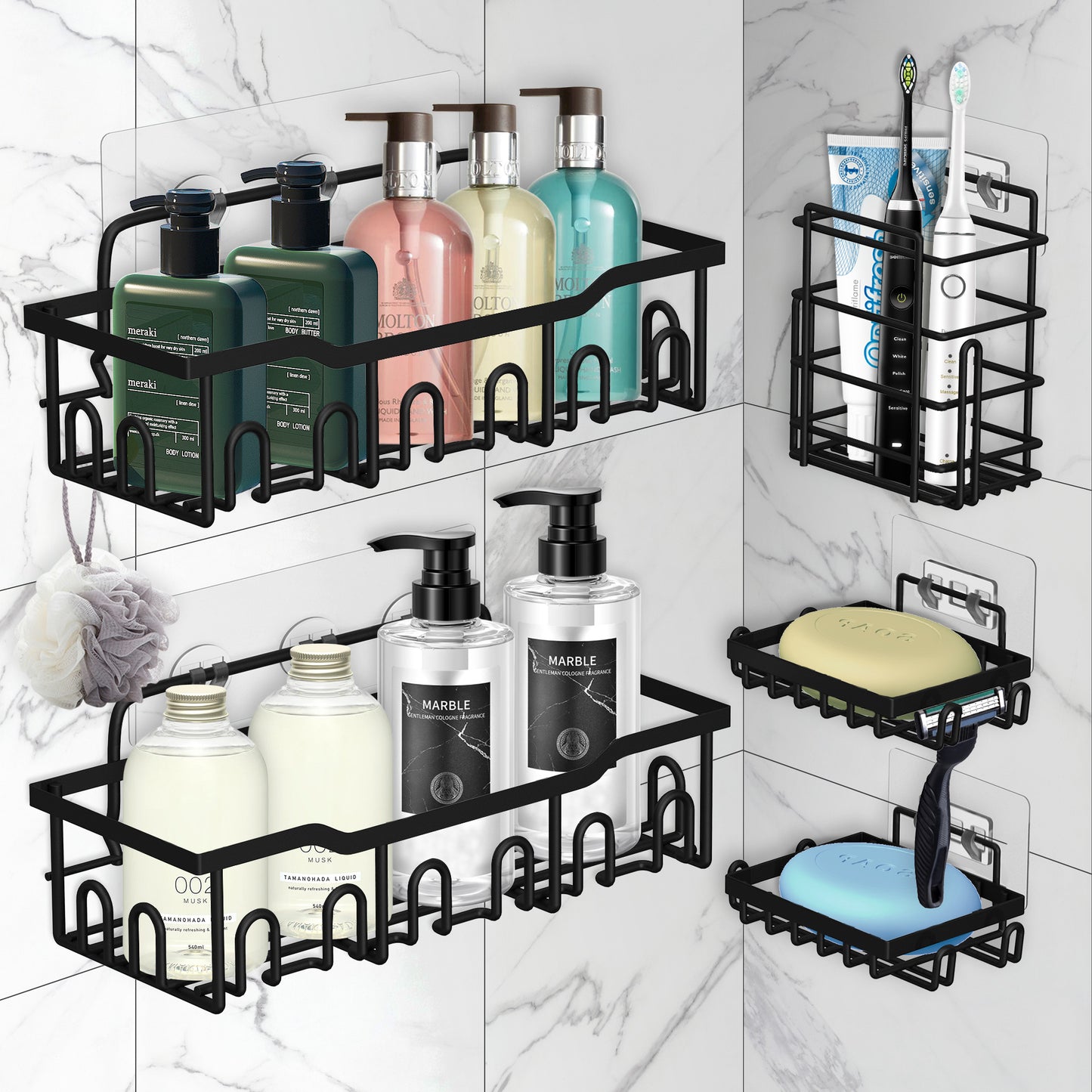 5/6 Pack Bathroom Shower Caddy Shelf Organizer, with Toothbrush,Soap Dishes, No Drilling Wall Mount Adhesive Shelf for Inside Shower,Kitchen(Black)